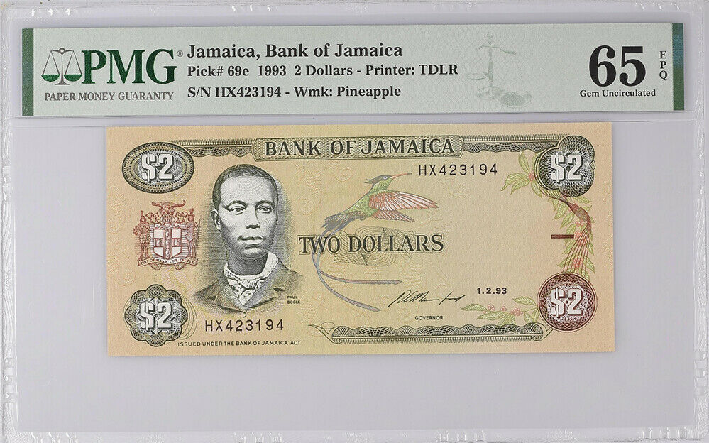Jamaica 2 Dollars 1993 P 69 e GEM UNC PMG 65 EPQ