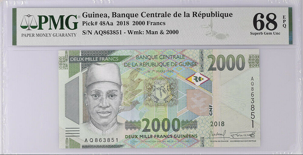 Guinea 2000 Francs 2018 P 48Aa Superb Gem UNC PMG 68 EPQ