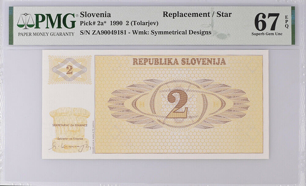 Slovenia 2 Tolarjev 1990 P 2* ZA Replacement Superb GEM UNC PMG 67 EPQ