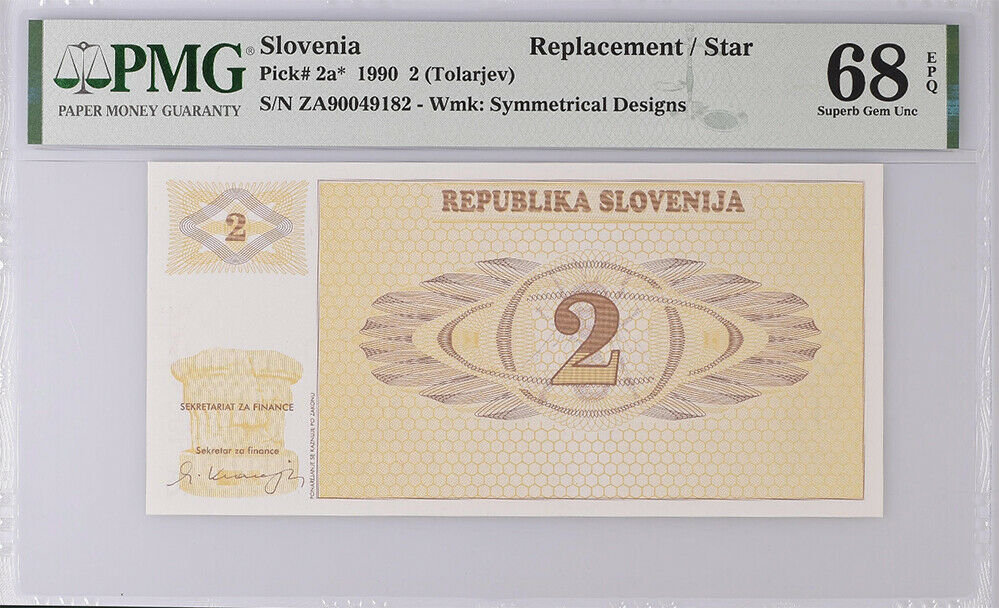 Slovenia 2 Tolarjev 1990 P 2* ZA Replacement Superb GEM UNC PMG 68 EPQ Top Pop