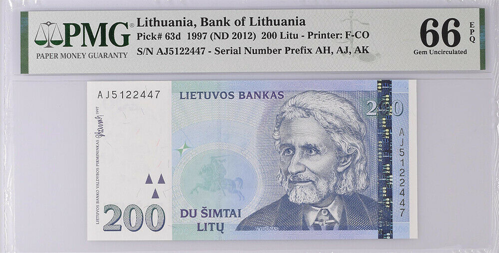 Lithuania 200 Litu 1997 / 2012 P 63 d Gem UNC PMG 66 EPQ
