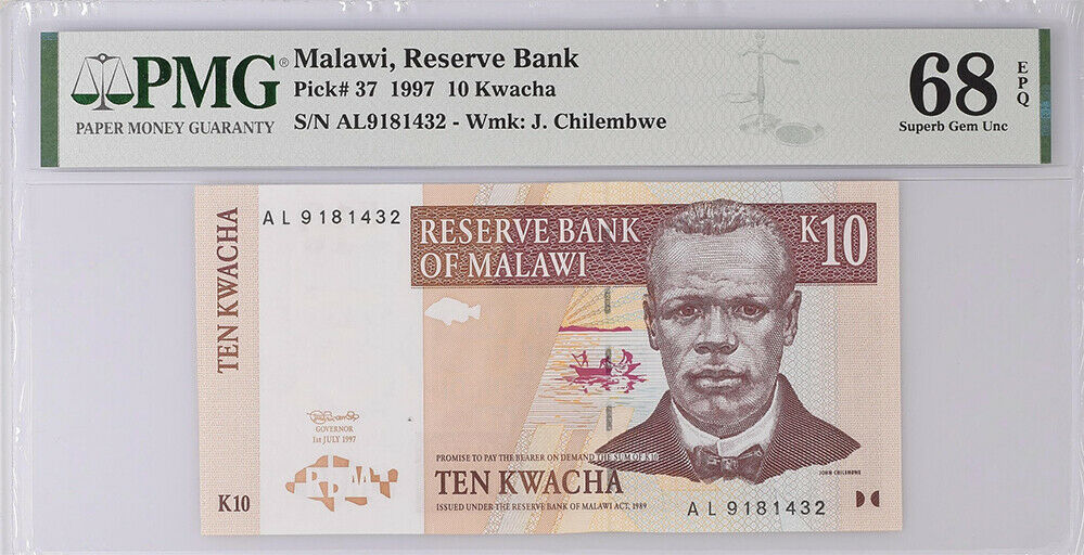 Malawi 10 Kwacha 1997 P 37 Superb GEM UNC PMG 68 EPQ