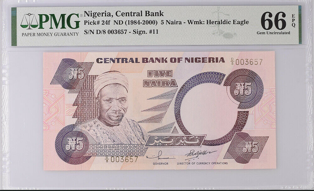 Nigeria 5 Naira ND 1984-2000 P 24 F SIGN 11 Gem UNC PMG 66 EPQ