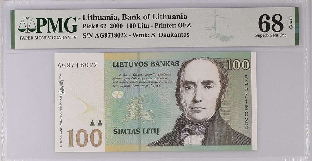 Lithuania 100 Litu 2000 P 62 Superb  Gem UNC PMG 68 EPQ High