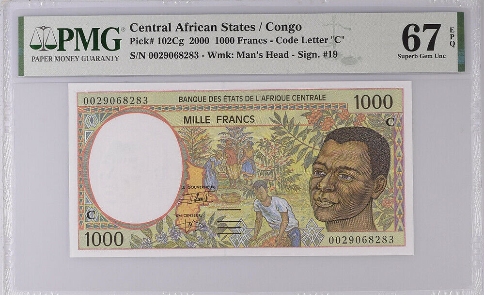 Central African State Congo 1000 Fr. 2000 P 102 Cg Superb Gem UNC PMG 67 EPQ Top