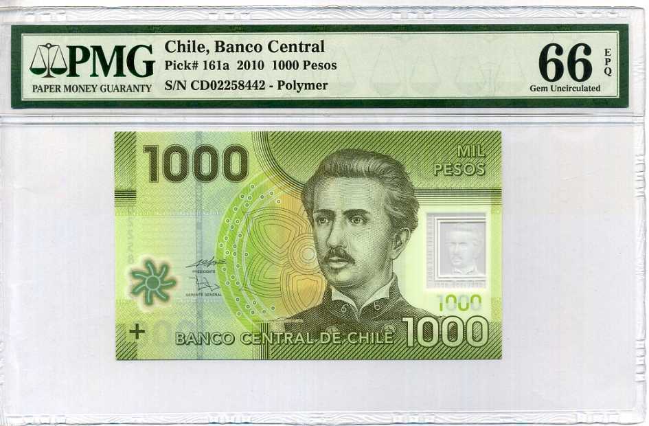 Chile 1000 Pesos 2010 P 161 Polymer Gem UNC PMG 66 EPQ