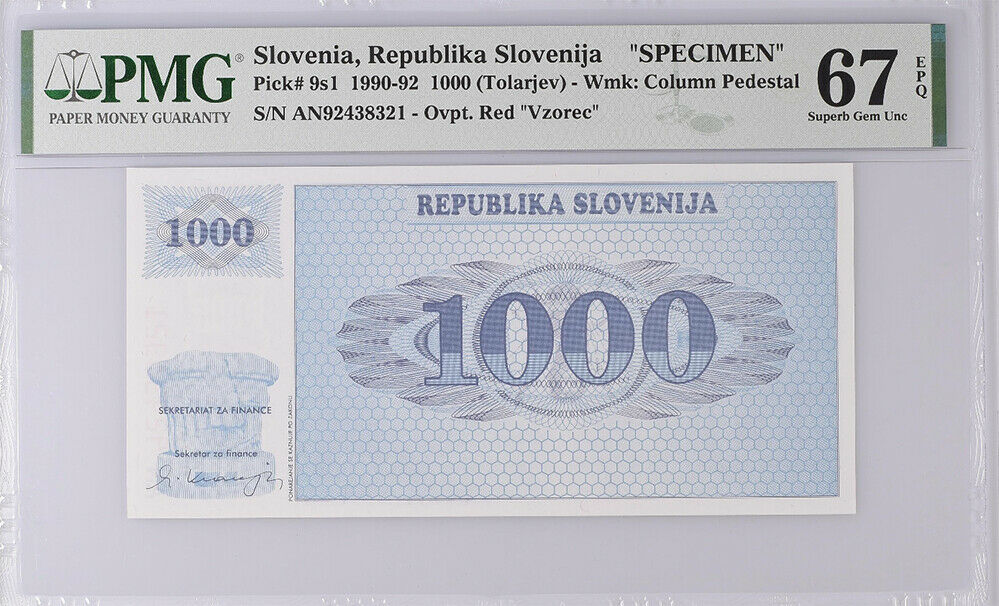 Slovenia 1000 Tolarjev 1990-92 P 9 S1 Superb GEM UNC PMG 67 EPQ Top Pop