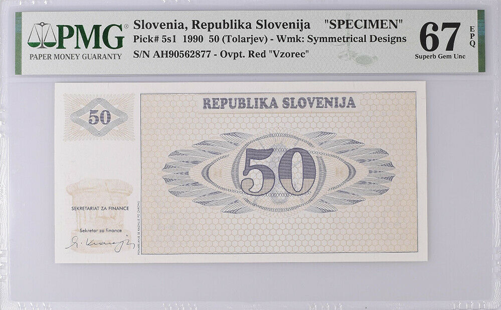 Slovenia 50 Tolarjev 1990 P 5 S1 SPECIMEN Superb GEM UNC PMG 67 EPQ Top Pop