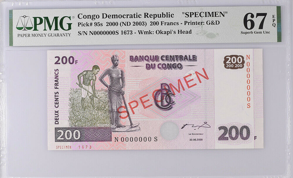 Congo 200 Francs 2000 P 95 N-S Specimen Superb Gem UNC PMG 67 EPQ Top Pop