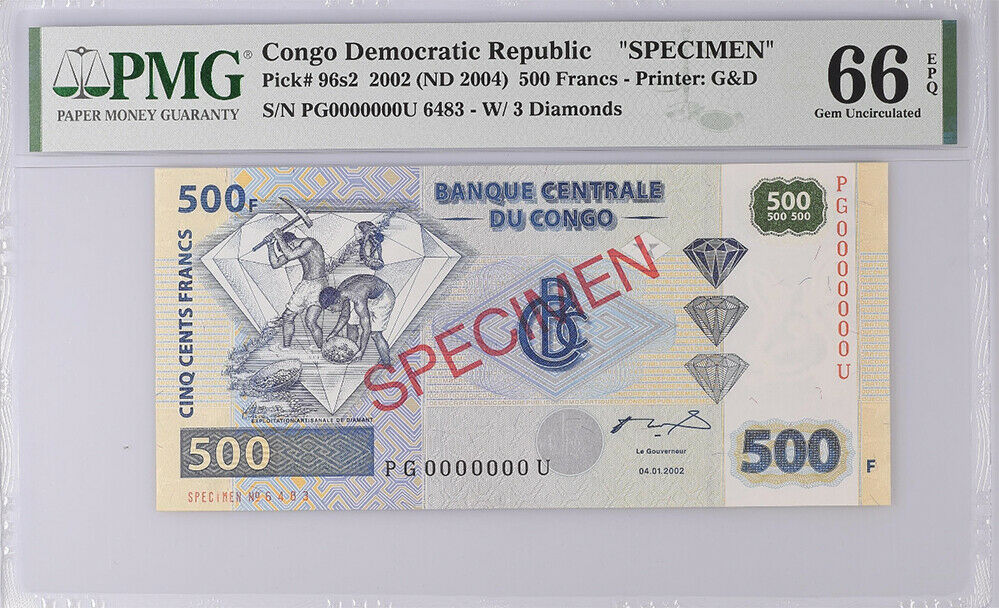 Congo 500 Francs 2002 P 96 Specimen PG-U Gem UNC PMG 66 EPQ