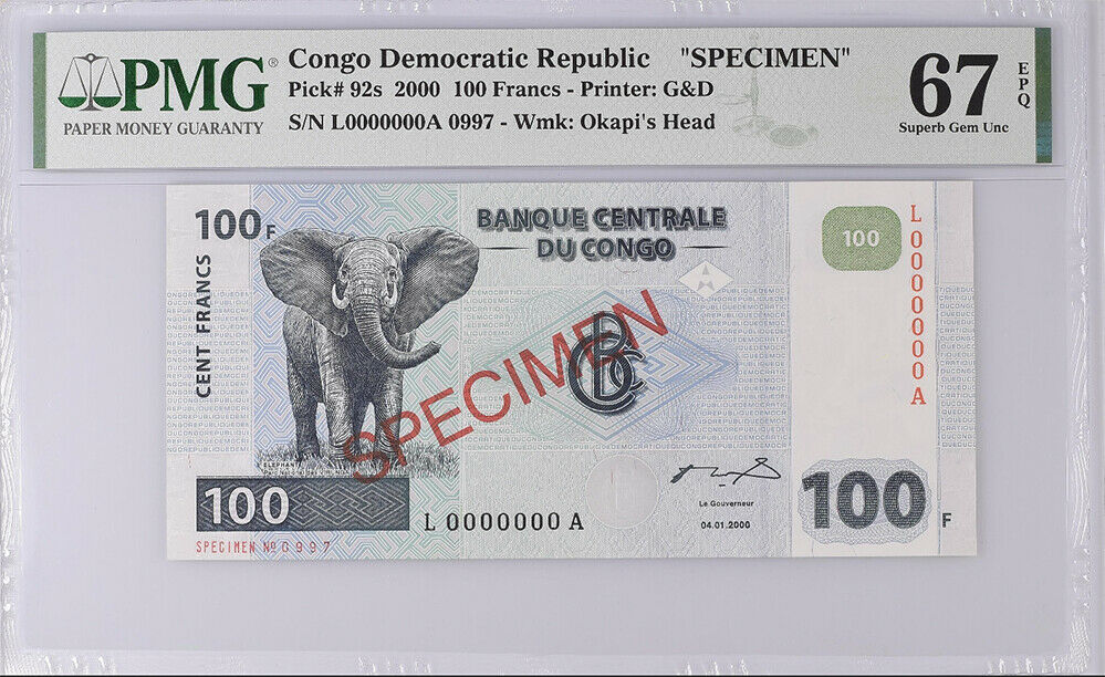 Congo 100 Francs 2000 P 92 L-A Specimen Superb Gem UNC PMG 67 EPQ