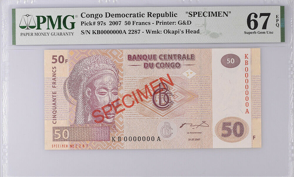 Congo 50 Francs 2007 P 97 KB-A Specimen Superb Gem UNC PMG 67 EPQ High