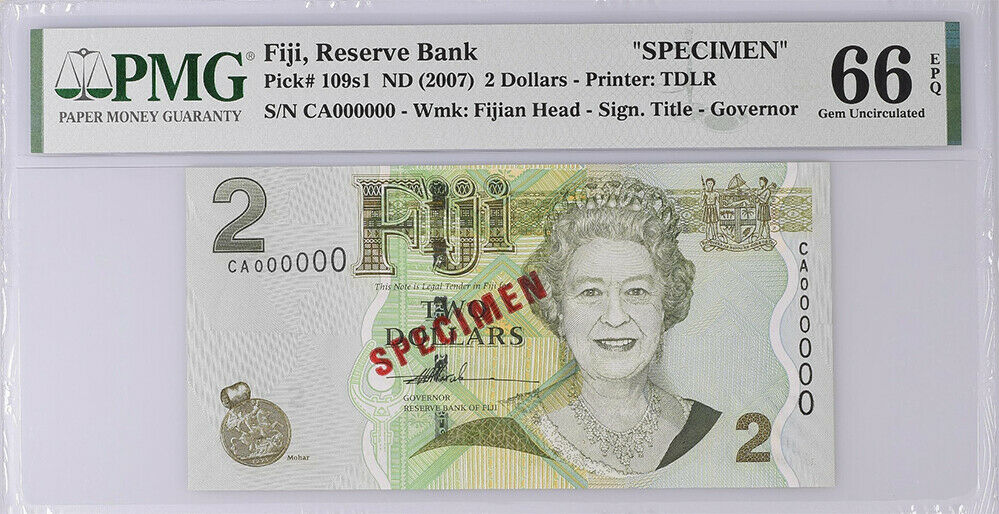 Fiji 2 Dollars ND 2007 P 109s1 SPECIMEN Gem UNC PMG 66 EPQ High