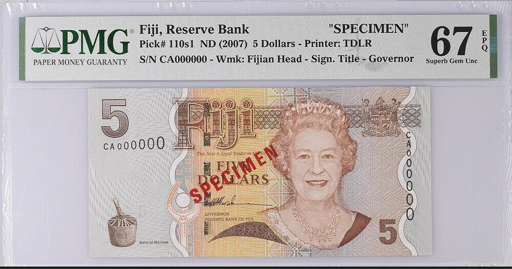 Fiji 5 Dollars ND 2007 P 110s1 SPECIMEN Superb Gem UNC PMG 67 EPQ Top Pop