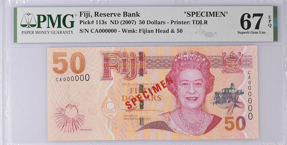 Fiji 50 Dollars ND 2007 P 113s SPECIMEN Superb Gem UNC PMG 67 EPQ High