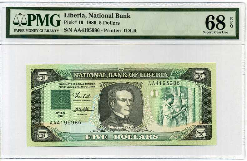 Liberia 5 Dollars 1989 P 19 AA Prefix Superb Gem UNC PMG 68 EPQ TOP POP