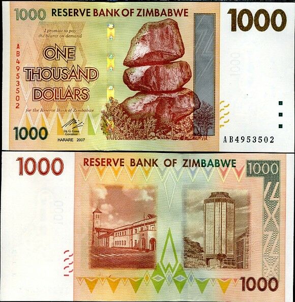 ZIMBABWE 1000 DOLLARS 2007 P 71 ABOUT UNC