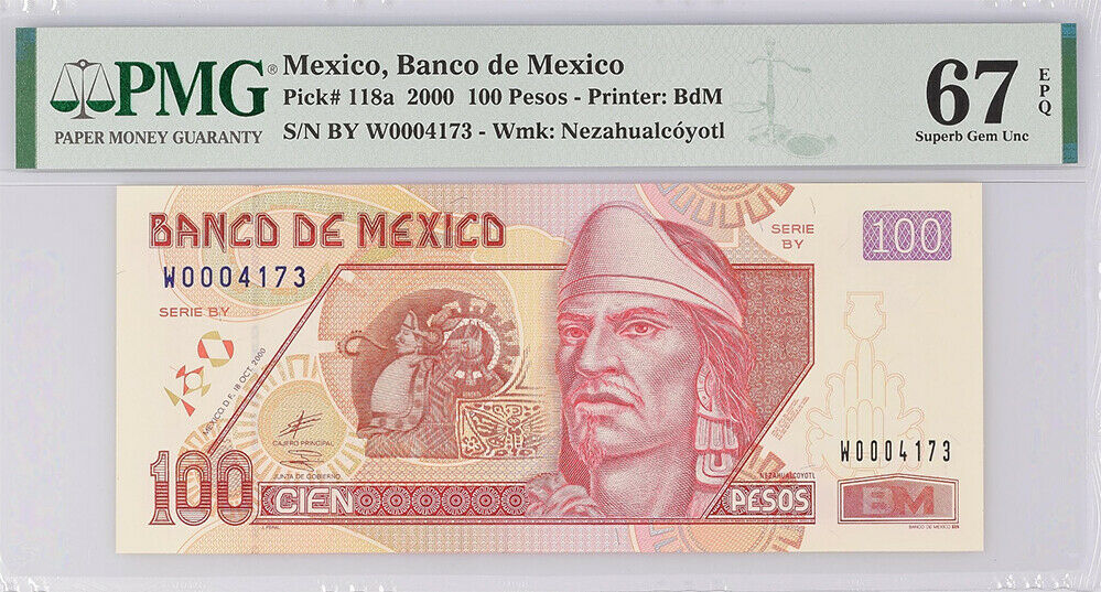Mexico 100 Pesos 2000 P 118 a Superb Gem UNC PMG 67 EPQ