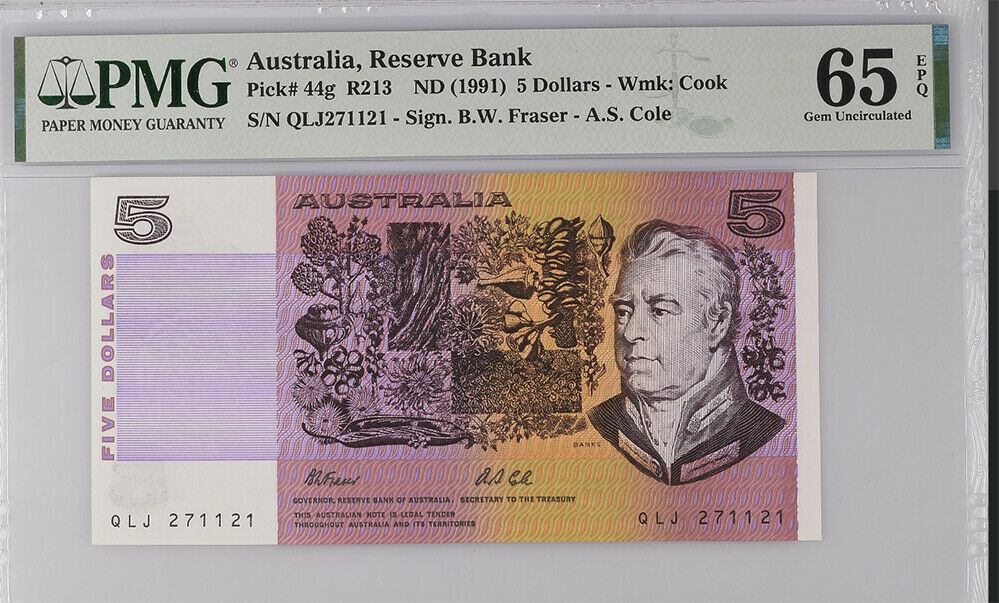 Australia 5 Dollars 1991 P 44 g Gem UNC PMG 65 EPQ