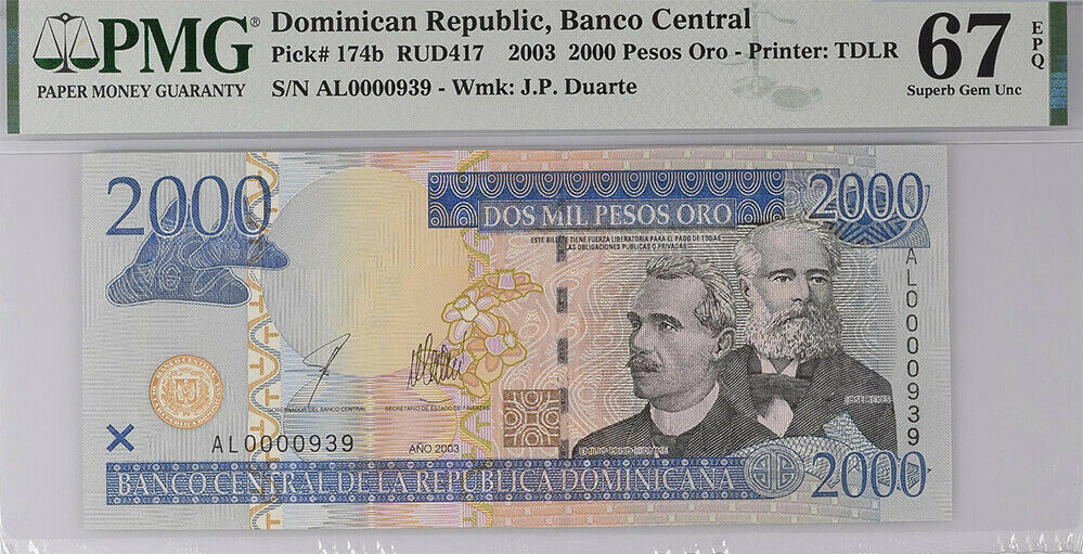 Dominican Republic 2000 Peso 2003 P 174 LOW 939 Superb Gem UNC PMG 67 EPQ TOP