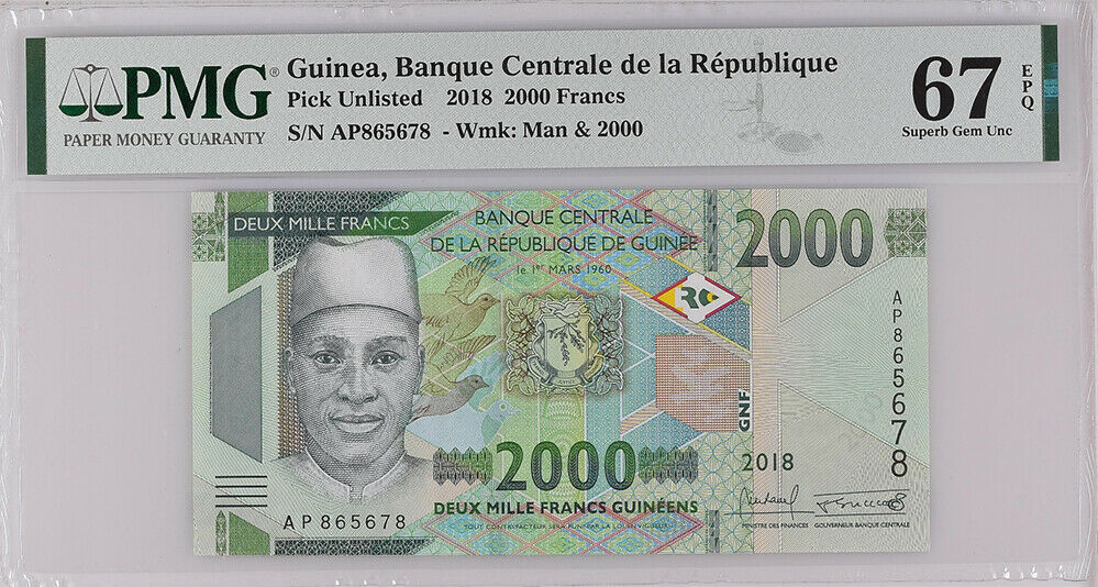 Guinea 2000 Francs 2018 / 2019 P New Superb Gem UNC PMG 67 EPQ