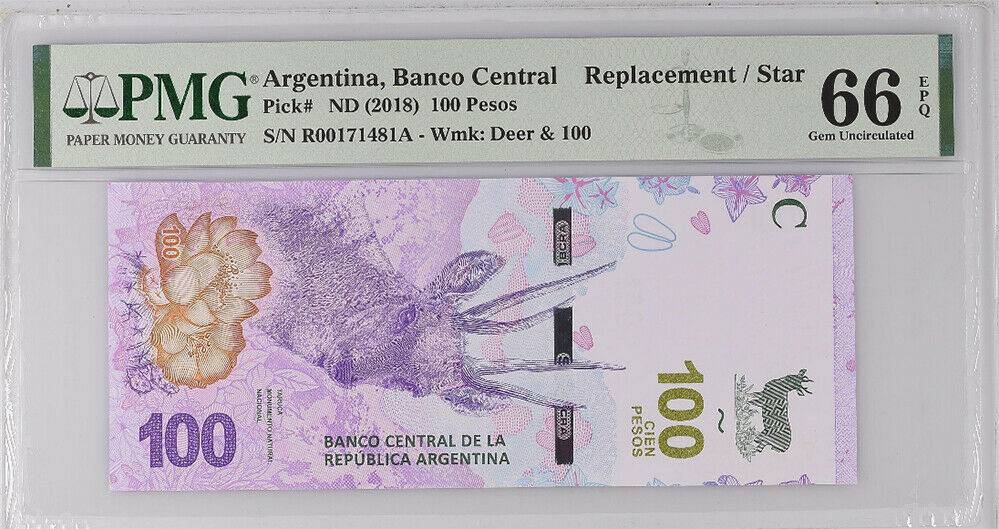 Argentina 100 Pesos ND 2018 P 363Aa* Replacement Gem UNC PMG 66 EPQ