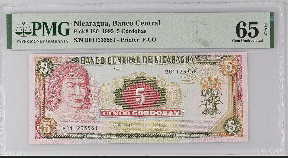 Nicaragua 5 Cordobas 1995 P 180 Gem UNC PMG 65 EPQ
