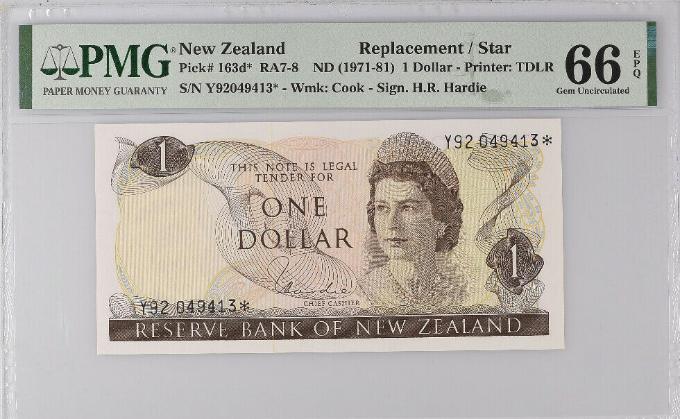 New Zealand 1 DOLLAR ND 1971-81 P 163 D* Replacement GEM UNC PMG 66 EPQ