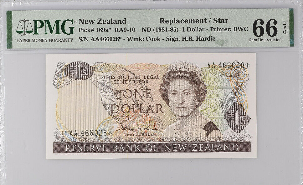 New Zealand 1 Dollar ND 1981-85 P 169* REPLACEMENT Hardie Gem UNC PMG 66 EPQ