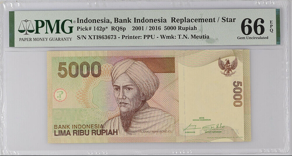 Indonesia 5000 Rupiah 2001/2016 P 142 P* REPLACEMENT GEM UNC PMG 66 EPQ