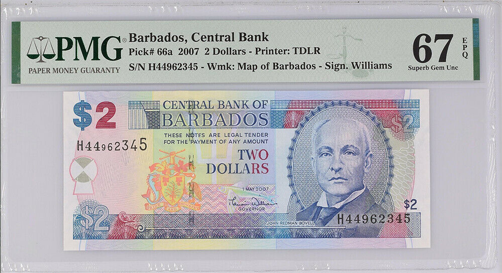 Barbados 2 Dollars 2007 P 66 a H44 96 2345 Superb Gem UNC PMG 67 EPQ Top Pop