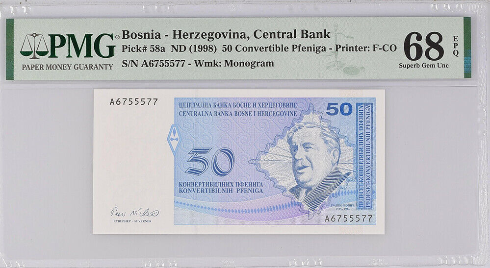 Bosnia 50 Convertible Pfeniga ND 1998 P 58 Superb Gem UNC PMG 68 EPQ Top Pop