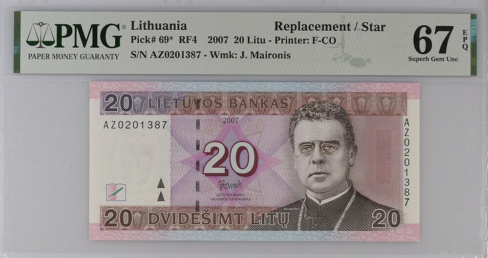 Lithuania 20 Litu 2007 P 69 * Replacement AZ Superb GEM UNC PMG 67 EPQ