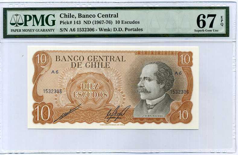 Chile 10 Escudos ND 1967-76 P 143 Superb Gem UNC PMG 67 EPQ Highest