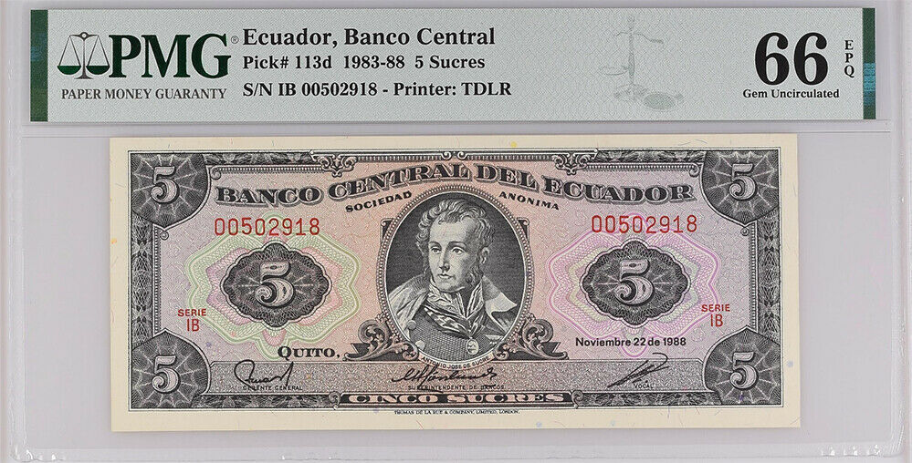 Ecuador 5 Sucres 1988 P 113 GEM UNC PMG 66 EPQ