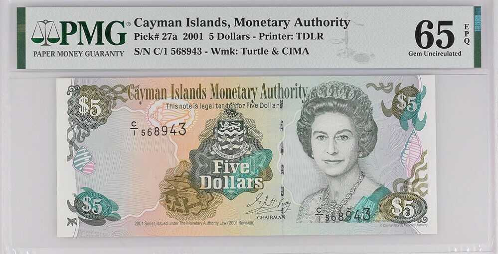 CAYMAN ISLANDS 5 DOLLARS 2001 P 27 GEM UNC PMG 65 EPQ