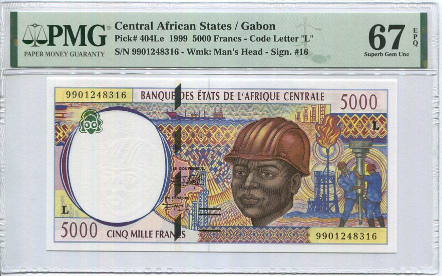 Central African State Gabon 5000 FR. 1999 P 404 Le Superb Gem UNC PMG 67 EPQ