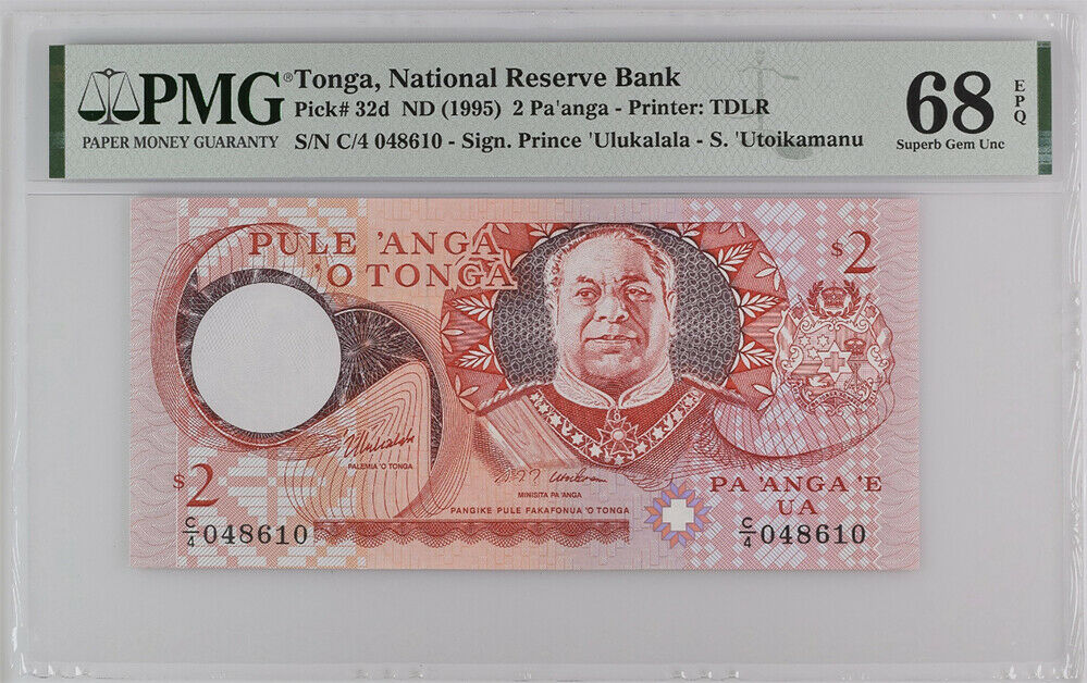 Tonga 2 Pa'anga 1995 P 32 d Superb Gem UNC PMG 68 EPQ Top Pop