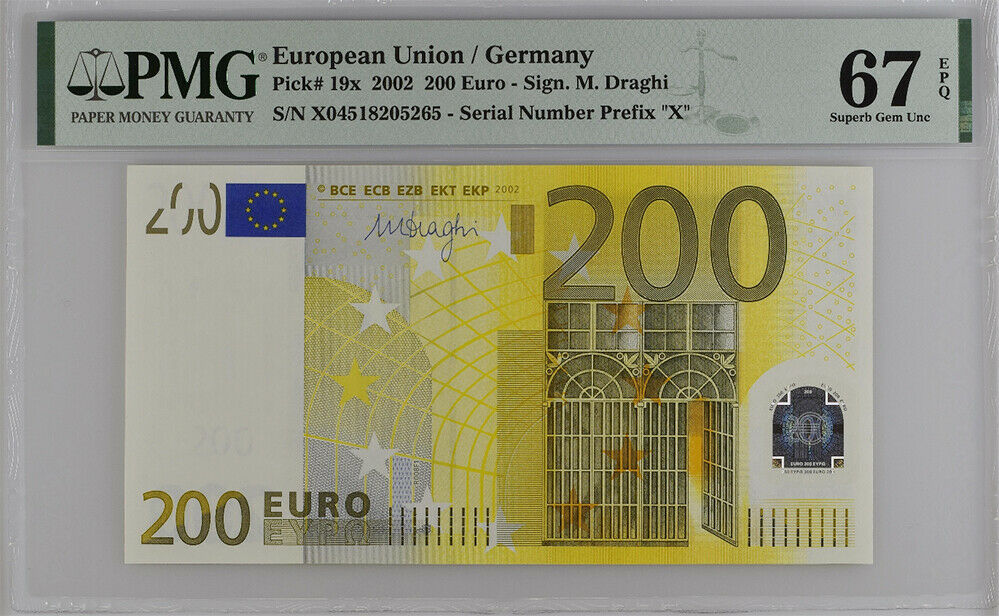 Euro 200 Euro 2002 P 19 X Germany Superb GEM UNC PMG 67 EPQ S/N X04518205265