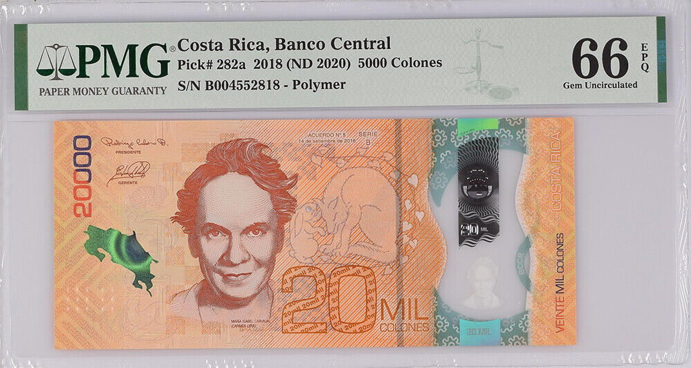 Costa Rica 20000 Colones 2018/2020 P 284 Gem UNC PMG 66 EPQ Wrong label