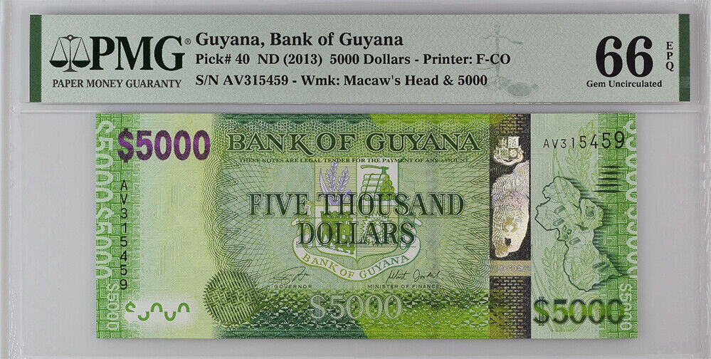 Guyana 5000 Dollars ND 2013 P 40 Gem UNC PMG 66 EPQ