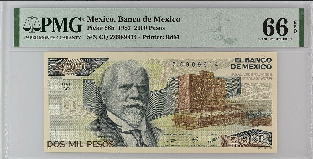 Mexico 2000 Pesos 1987 P 86 b Gem UNC PMG 66 EPQ