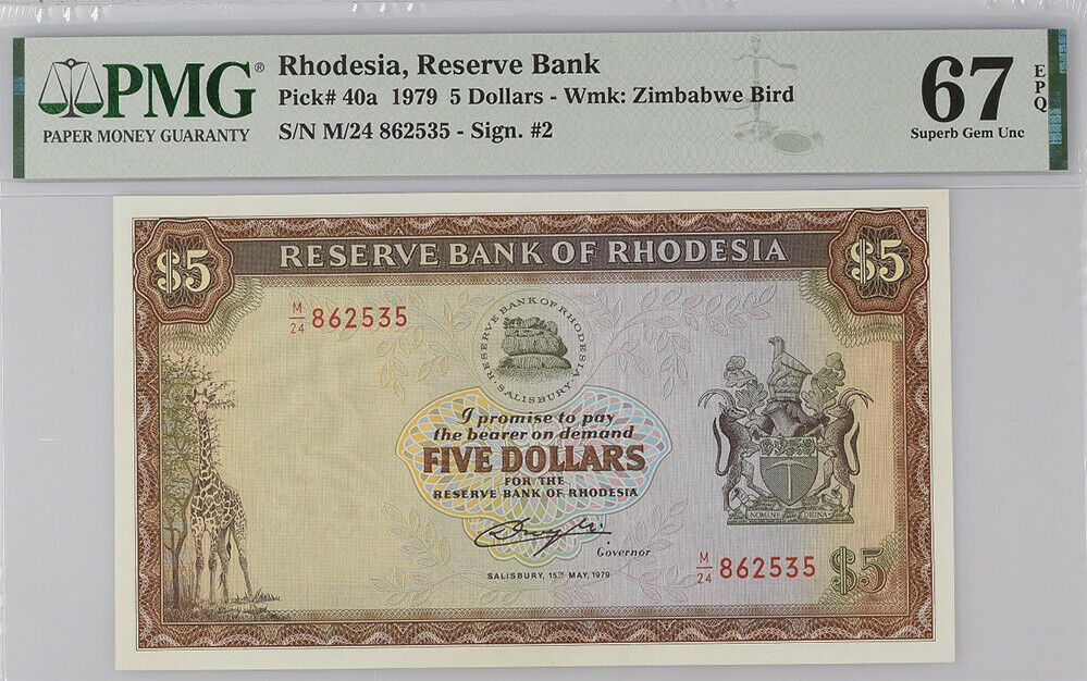 Rhodesia 5 Dollars 1979 P 40 a Superb Gem UNC PMG 67 EPQ High