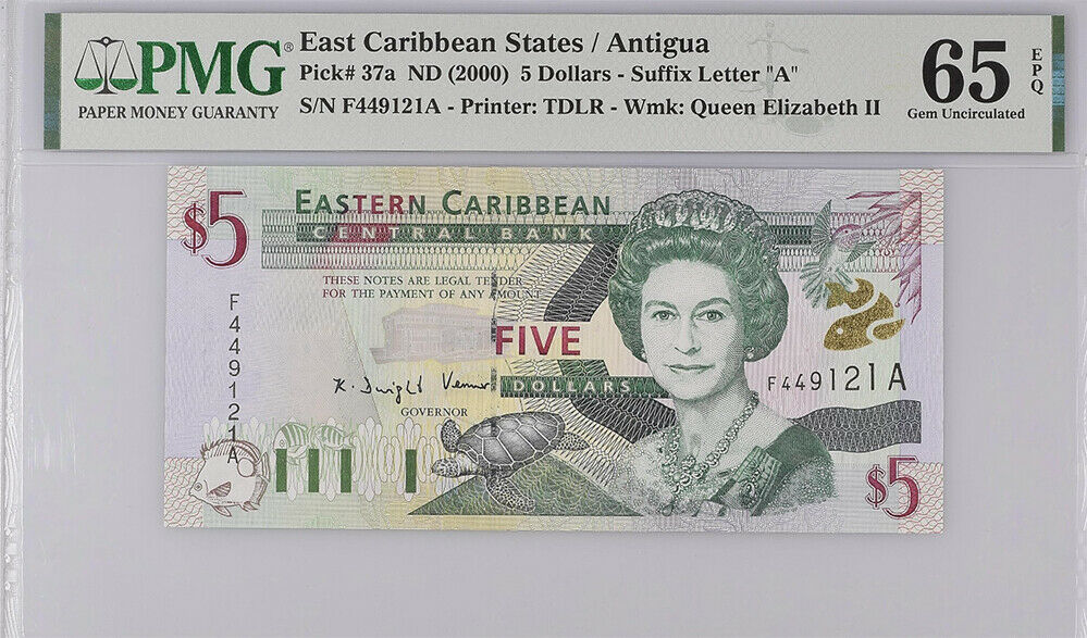 East Caribbean 5 Dollars ND 2000 P 37 A GEM UNC PMG 65 EPQ