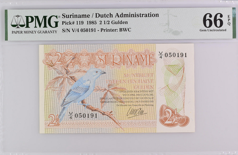 Suriname 2 1/2 , 2.5 Gulden 1985 P 119 GEM UNC PMG 66 EPQ