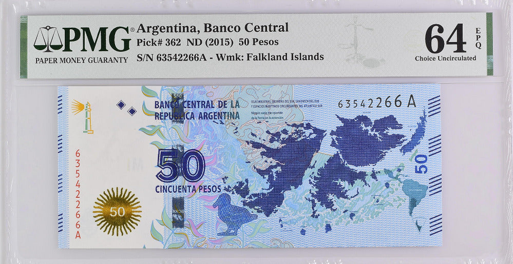 Argentina 50 Pesos 2015 P 362 Choice UNC PMG 64 EPQ