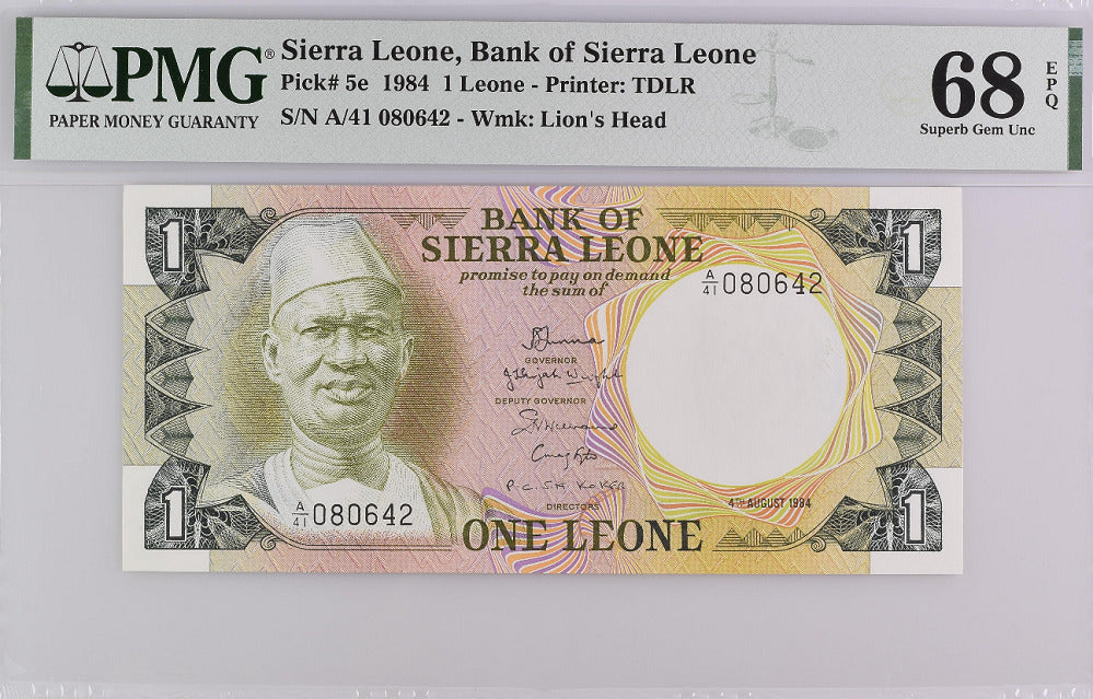 Sierra Leone 1 Leone 1984 P 5 e  Superb Gem UNC PMG 68 EPQ Top Pop