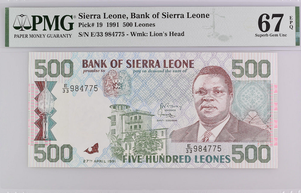 Sierra Leone 500 Leone 1991  P 19 Superb Gem UNC PMG 67 EPQ Top Pop