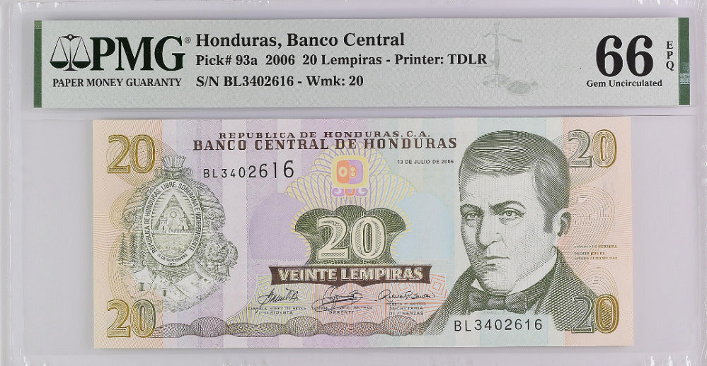 Honduras 20 Lempiras 2006 P 93 a  GEM UNC PMG 66 EPQ