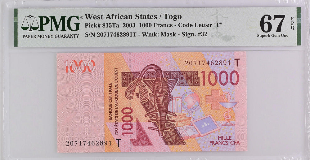 West African States 1000 Francs 2003 P 815 Ta Superb GEM UNC PMG 67 EPQ TOP Pop
